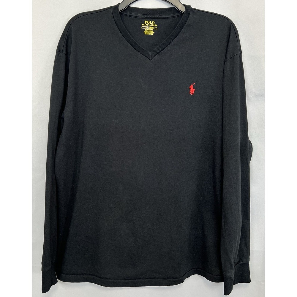 Polo Ralph Lauren Black V-Neck T-shirt Men Adult Large Long Sleeve Red Pony Logo